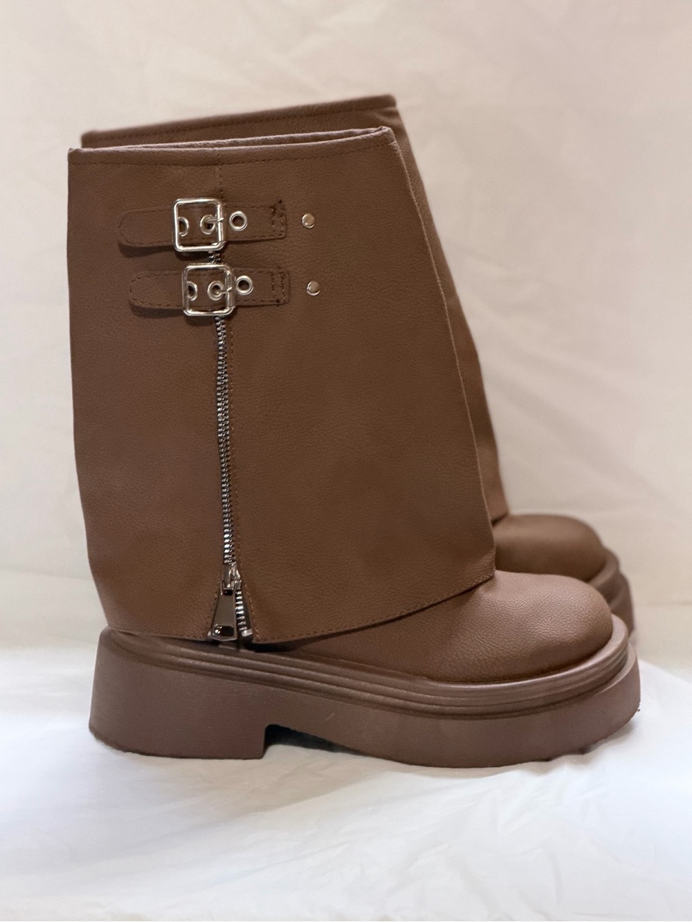 Women's Brown Chunky Zip-Up Platform Boots